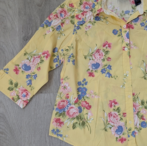 Crazy Horse-Liz Claiborne 100% Cotton Yellow Floral Spring Women's Shirt Size 16 - Picture 5 of 11